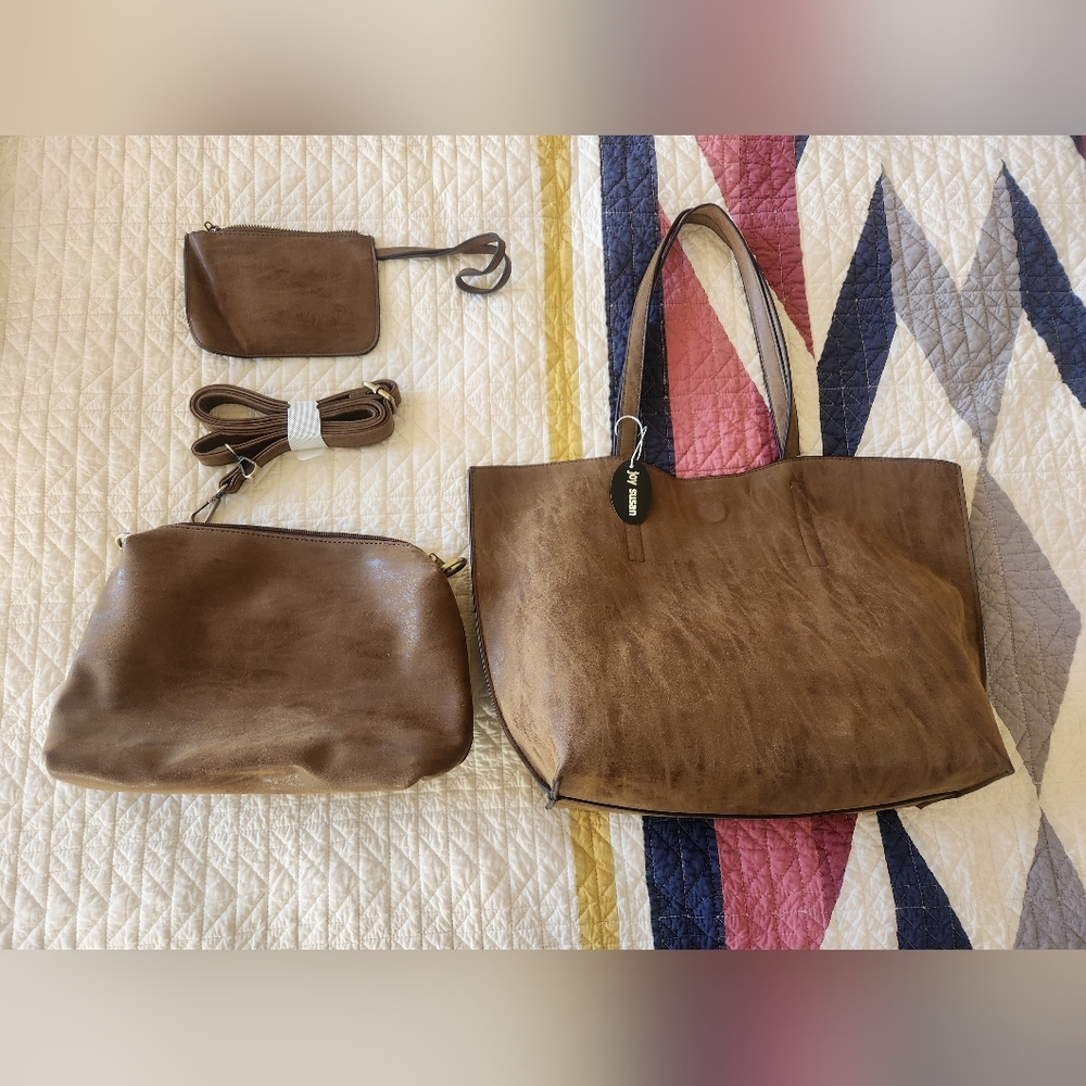 Joy Susan Reversible Leather Tote Bag with Cross Body And Wallet - 3 Piece Set